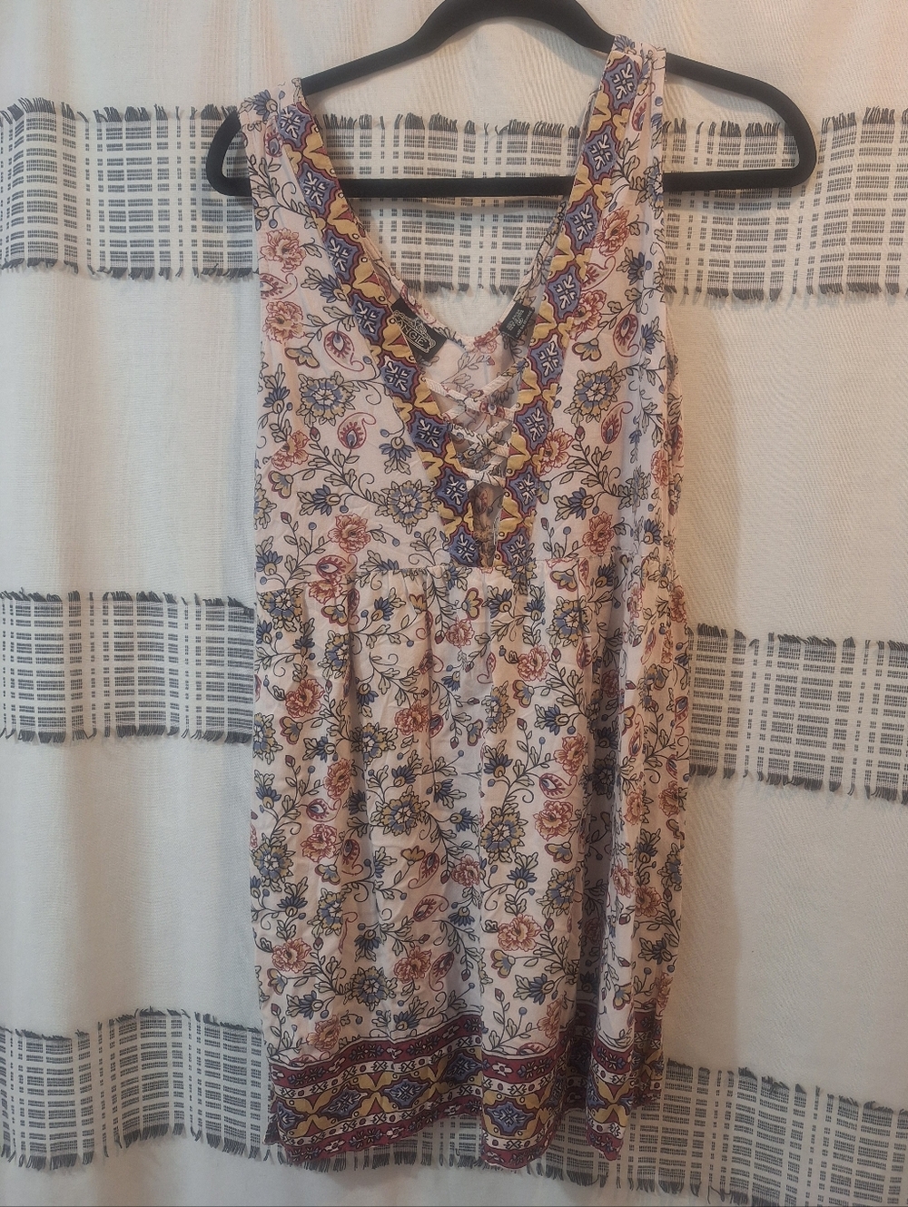 Angie Floral Mini Dress in Cream, Blue & Rust